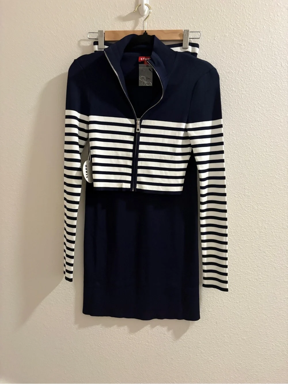 NWOT STAUD  Karina  Navy Knit Midi Skirt XS White Trim Size XS